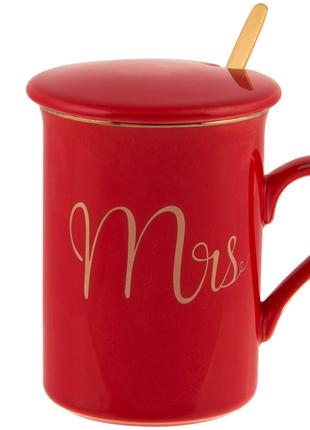Чашка заварочная 380мл "Mrs" красная с крышкой и ложкой