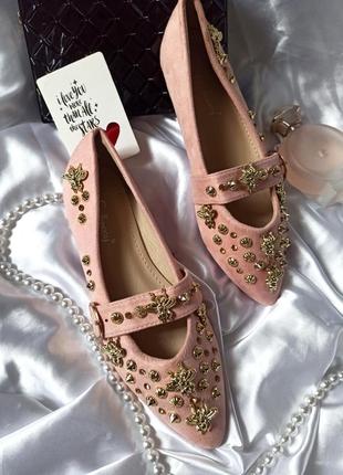 Туфли балетки пудровые/розовые с декором замшевые из эко замши...