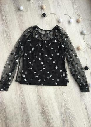Прозрачная блуза в звездочку и майка черная комплект