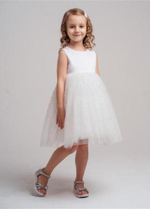 Белое детское для девочки платье с пышной юбкой фатиновой жемч...