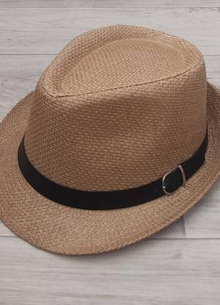 Летняя соломенная шляпа трилби темный беж с ремешком 56-58р (856)