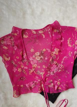 Розовая натуральная шелковая короткая блуза кроп топ шелк с рю...