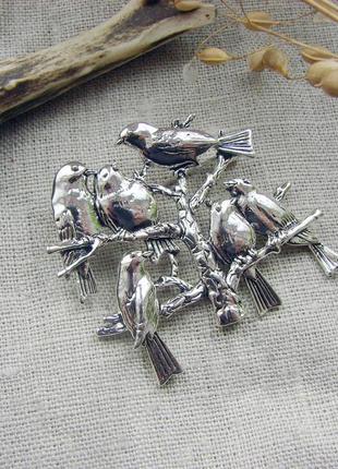 Брошь в винтажном стиле с птицами брошка с птичками цвет серебро