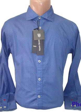 Распродажа мужская синяя приталенная рубашка с длинным рукавом...