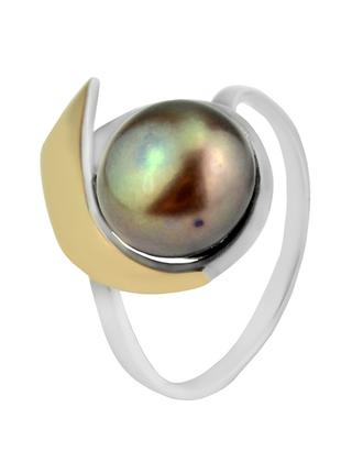 Кольцо серебряное с золотом и жемчугом 0002.10кч, 17.5 размер