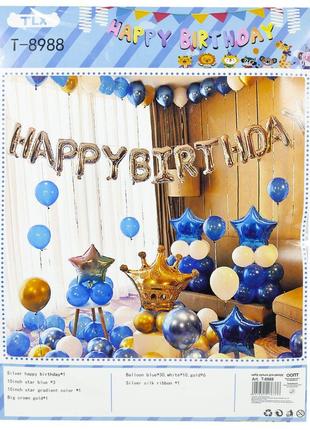 Набор декора ко дню рождения, синий дизайн с золотом (баннер, ...