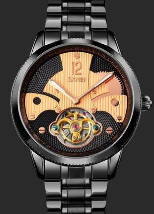 Чоловічий механічний годинник скелетон skmei 9205. чорні