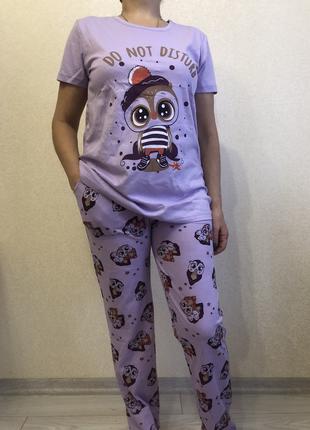 Пижама женская брюки и футболка Сиреневая Сова 52-54р