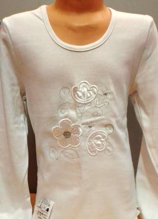 Детская белая блузка для девочки цветы длинный рукав 5, 6 лет
