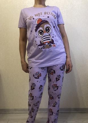 Пижама женская футболка и штаны трикотажная сирень Сова 48- 50 р