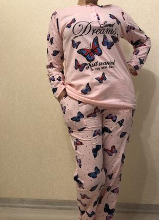 Пижама женская кофта и брюки трикотажная бабочки размеры 48, 50