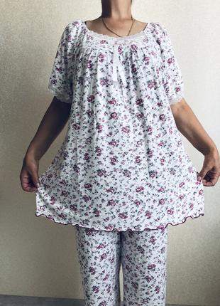 Трикотажная пижама женская с бриджами Розовая батал 58-60 размер
