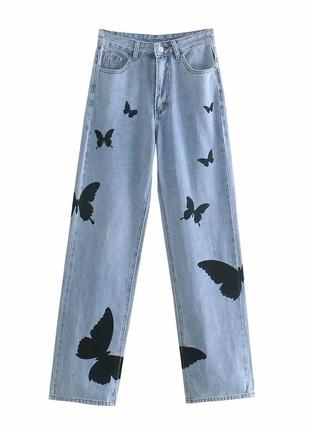 Джинсы штаны голубые синие с принтом рисунком бабочки бабочками