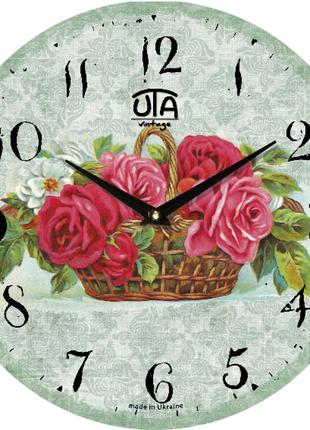 Часы настенные с бесшумным ходом круглые Корзина роз Vintage