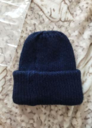Теплая шапка женская шапка синяя шапка с подворотом зимняя шапка