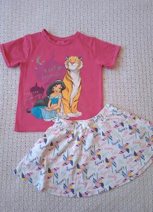Летний комплект для девочки футболка с принцессой юбочка из хл...