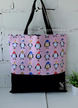 Эко сумка с пингвинами, эко торба, розовый шоппер/ Эко сумка, ...