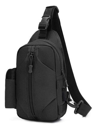 Тактическая черная сумка борсетка на одной лямке с USB. T-Bag 446