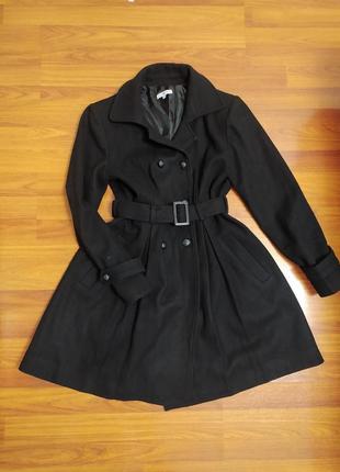 Черное классическое молодежное пальто кашемир м под пояс
