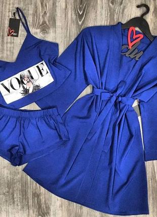 Молодіжний синій  комплект одягу халат+піжама (майка-топ з мал...