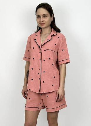 Жіноча муслінова піжама з бавовни рожевого кольору сорочка та ...