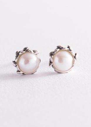 Срібні сережки — пусети з перлами 123065