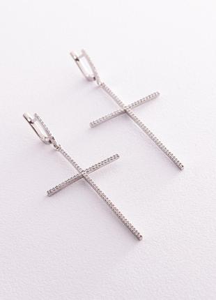 Серебряные серьги "Кресты" с белыми фианитами 3610