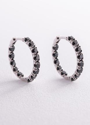 Серебряные серьги - кольца с черными фианитами 087610