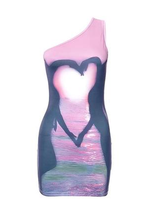 Платье облегающее мини короткое на одно плече розовое сердце з...
