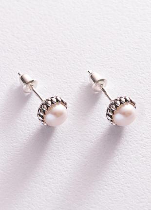 Срібні сережки — пусети з перлами 123066