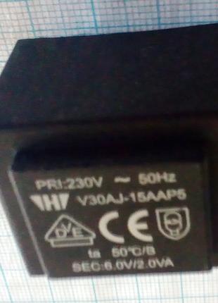 Трансформатор V30AJ-15AAP5 SEC:6.0V/2.0VA 115.36 ₴ (6в 2вт 0.33а)