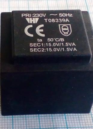 Трансформатор T08339A SEC1:15V/1.5VA SEC2:15V/1.5VA 15+15в 3вт