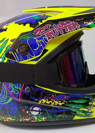 Мото шлем Enduro Monster салатовый + очки в подарок