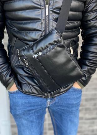 Мужская сумка планшет через плечо много отделений черная slim
