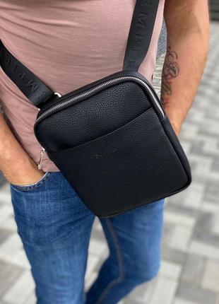 Мужская сумка через плечо тонкая планшет черная эхкожа