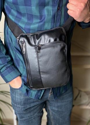 Мужская сумка через плечо планшетка на 5 отделений черная экокожа