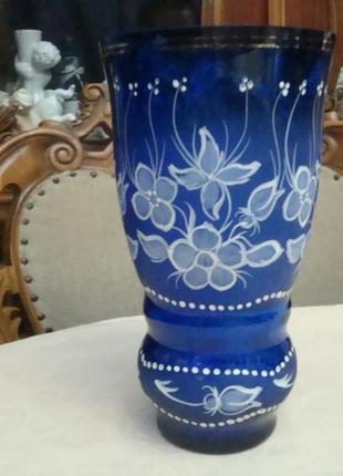 Красивая ваза кобальт роспись богемский хрусталь чехословакия