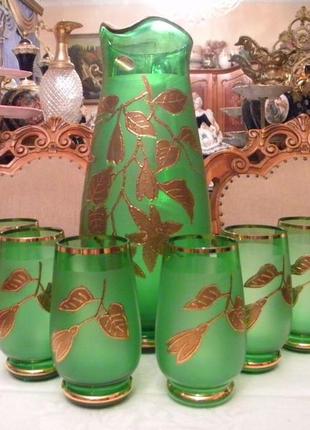 Шикарный набор кувшин стаканы цветной хрусталь позолота богеми...