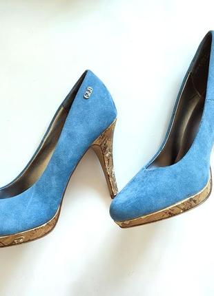 Голубые туфли на каблуке женские туфельки синие фирменные замш...