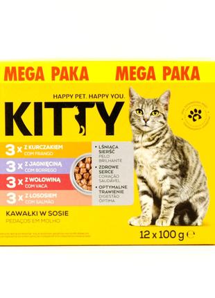 Влажный корм для кошек 4 вкуса Kitty 12 шт по 100 г Польша