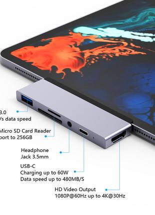 Type C Hub, адаптер 6-в-1 для iPad HDMI 4K 3,5 мм USB 3.0 Уценка