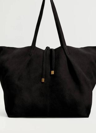 Черная кожаная сумка-шоппер mango