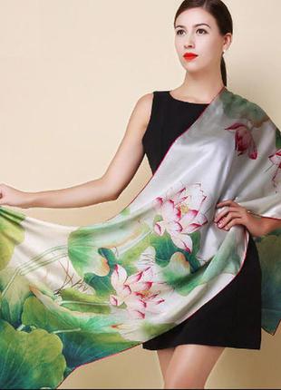 Большой шелковый шарф платок лотосы 100% натуральный шелк