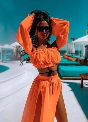 Шифоновий літній костюм помаранчевого кольору парео
