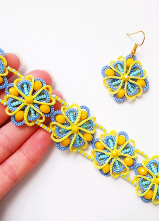 Серьги и браслет желто голубом цвете в украинском стиле вышиванка