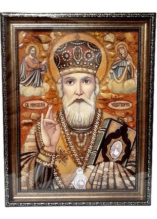 Икона из янтаря святой николай чудотворец 36х47 см, янтарная к...
