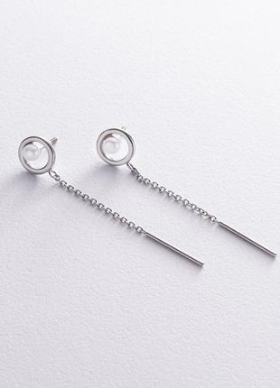 Срібні сережки — пусети з ланцюжками (перли) 40017