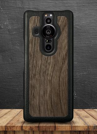 Кожаная накладка Stenk WoodBacker для Sony Xperia Pro-I Чёрная