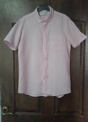Льняная рубашка бледно розовая s короткий рукав