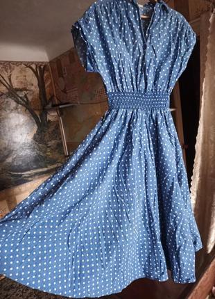 Винтажное женское платье синяя в горошек